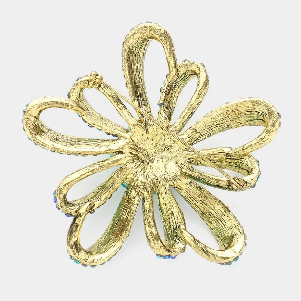 Floral Crystal Rhinestone Brooch Pin with Open Loop Petal